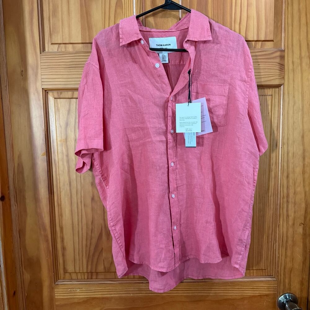 Thom Aaron 100% Linen Coral Button Down Shirt Size Large
